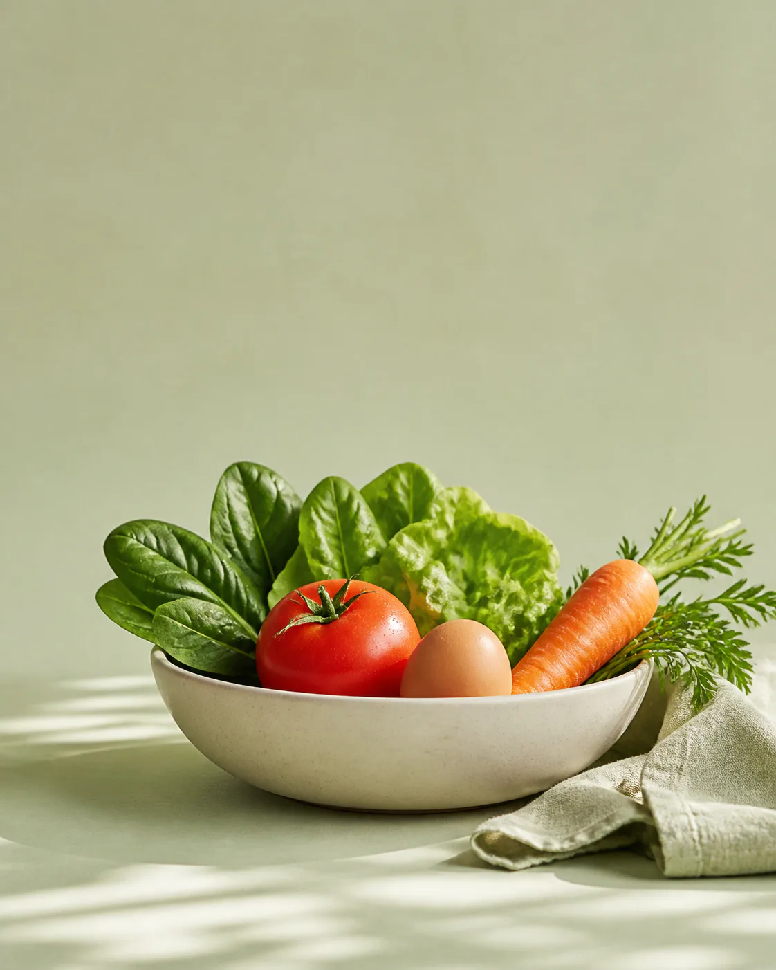 Fresh eggs, tomatoes, greens and carrots in a ceramic bowl